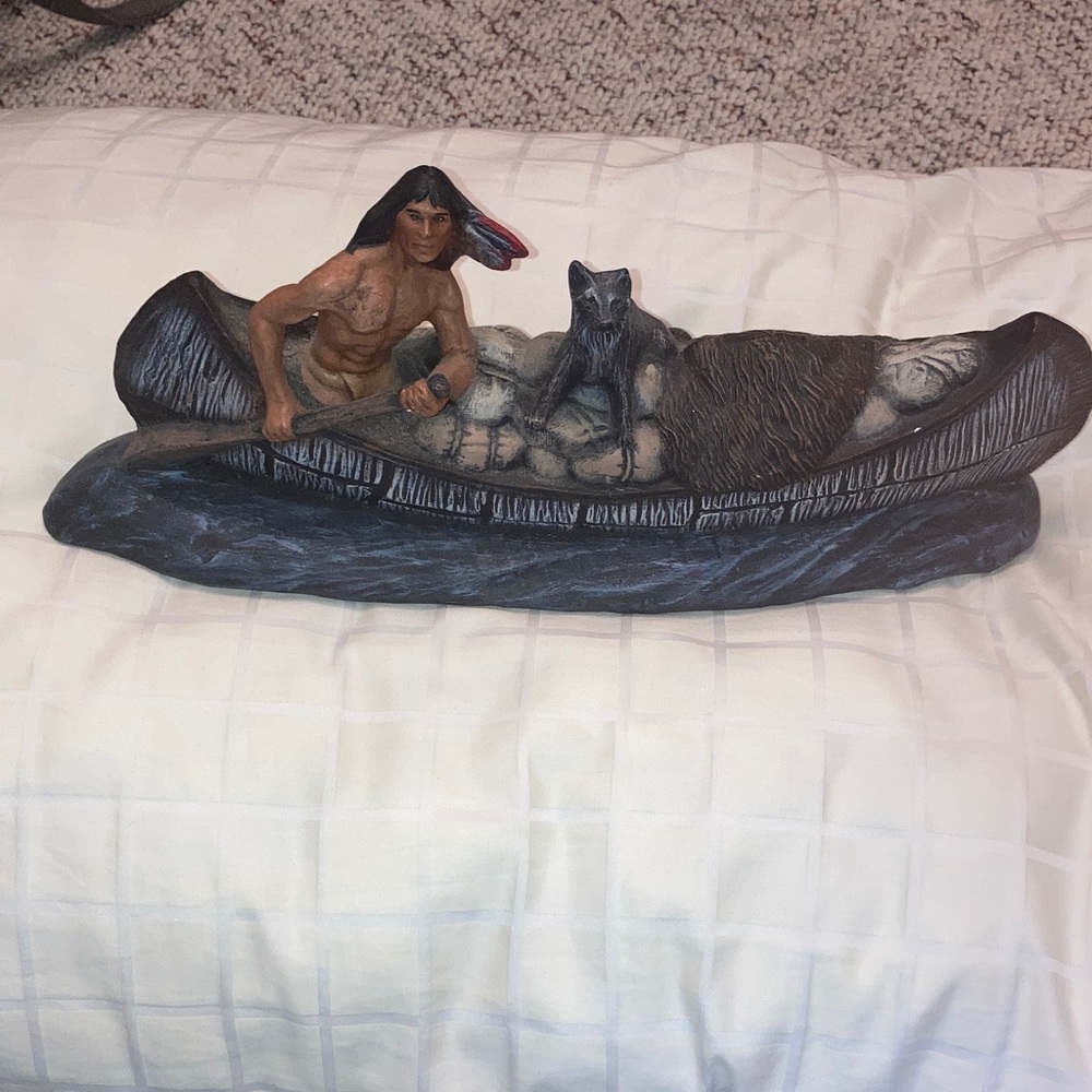 Decorative Canoe Figurine with Native American and Wolf